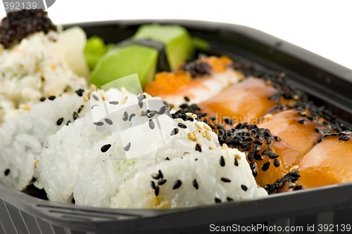 Image of Sushi take-away meal isolated on white background