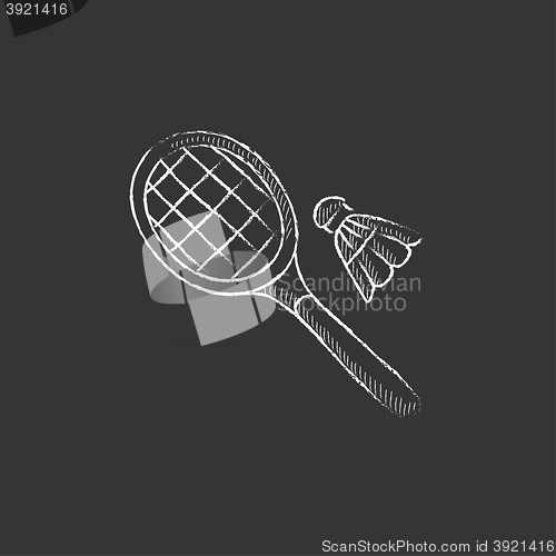 Image of Shuttlecock and badminton racket. Drawn in chalk icon.