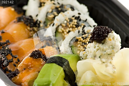 Image of Close up picture of a sushi take-away meal