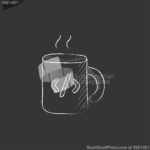 Image of Cup of coffee with code sign. Drawn in chalk icon.