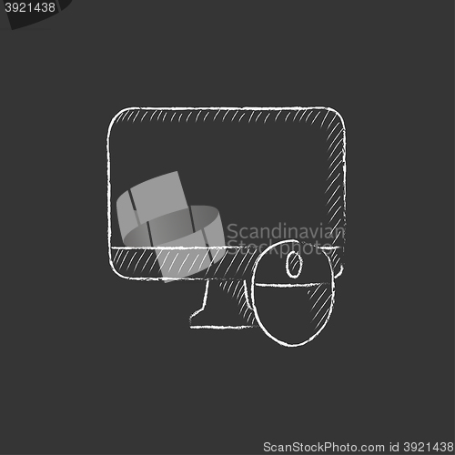 Image of Computer monitor and mouse. Drawn in chalk icon.