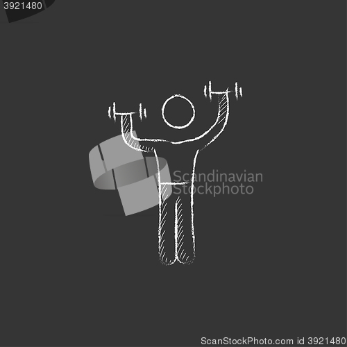 Image of Man exercising with dumbbells. Drawn in chalk icon.