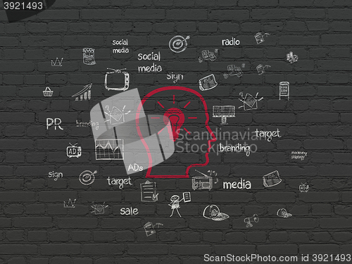 Image of Advertising concept: Head With Lightbulb on wall background
