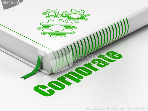 Image of Finance concept: book Gears, Corporate on white background