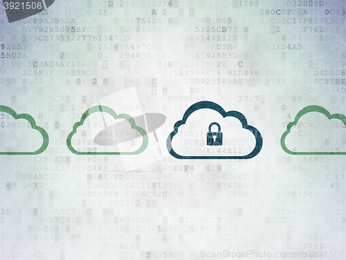Image of Cloud networking concept: cloud with padlock icon on Digital Data Paper background