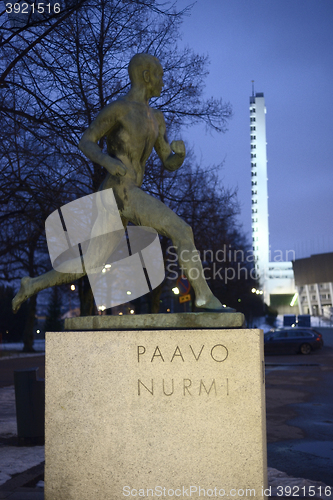 Image of HELSINKI, FINLAND – MARCH 9, 2016: Statue of Paavo Nurmi from 