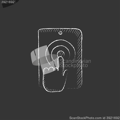 Image of Finger touching digital tablet. Drawn in chalk icon.