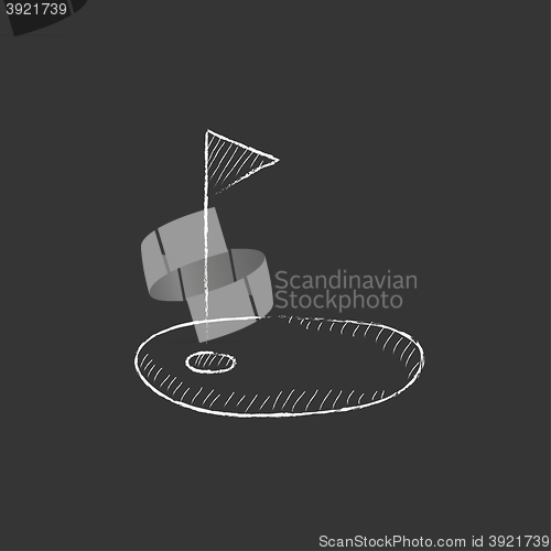 Image of Golf hole with flag. Drawn in chalk icon.