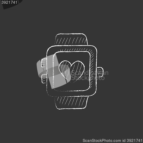 Image of Smartwatch with heart sign. Drawn in chalk icon.
