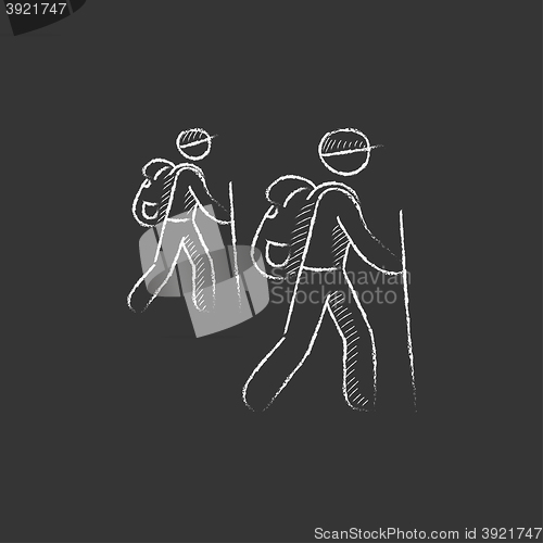 Image of Tourist backpackers. Drawn in chalk icon.