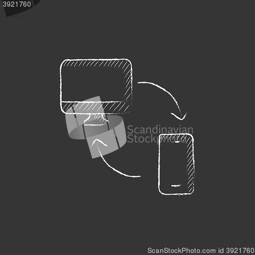 Image of Synchronization computer with mobile device. Drawn in chalk icon.