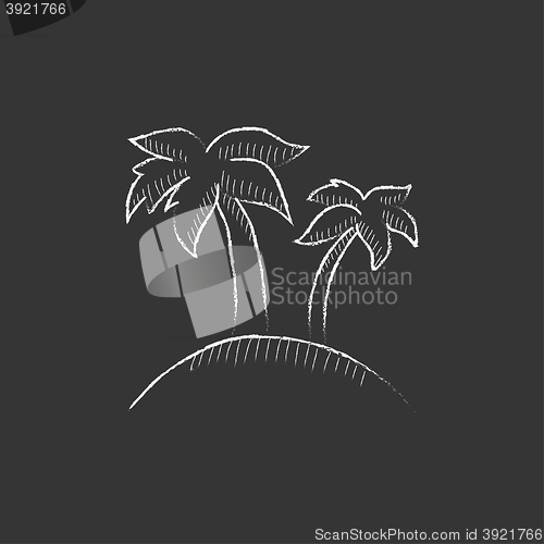 Image of Two palm trees on island. Drawn in chalk icon.