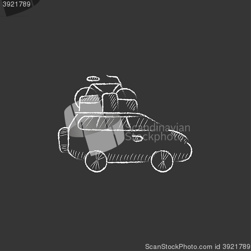 Image of Car with bicycle mounted to the roof. Drawn in chalk icon.