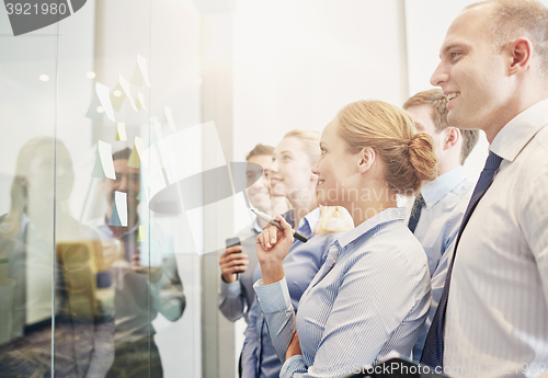 Image of smiling business people with marker and stickers