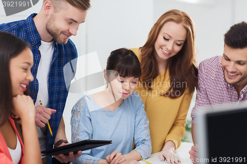 Image of happy creative team or students working at office