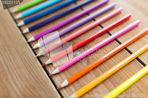 Image of close up of crayons or color pencils on wood