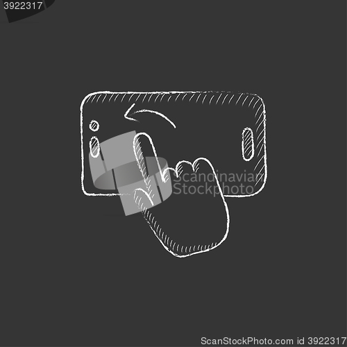 Image of Finger touching smartphone. Drawn in chalk icon.