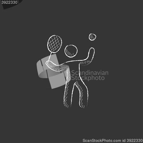 Image of Man playing big tennis. Drawn in chalk icon.