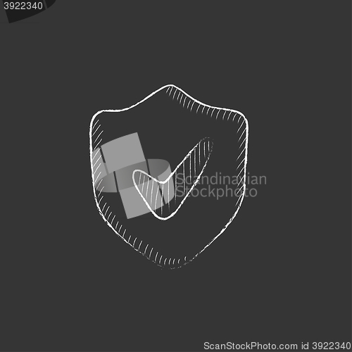 Image of Shield with check mark. Drawn in chalk icon.