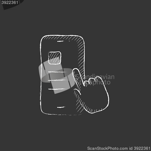 Image of Finger touching smartphone. Drawn in chalk icon.