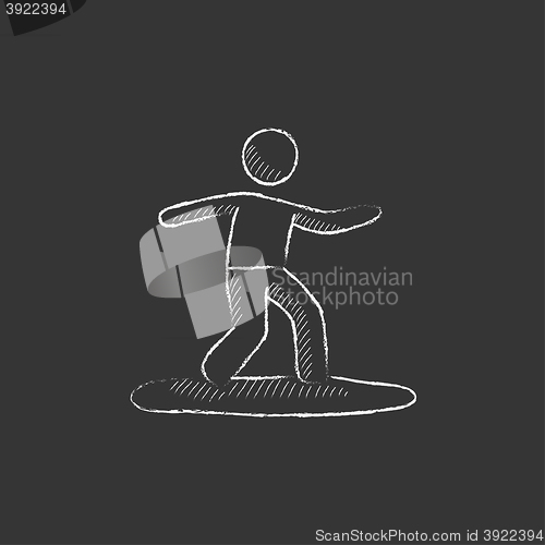 Image of Male surfer riding on surfboard. Drawn in chalk icon.