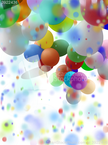 Image of confetti and colorful balloons on white background