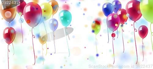 Image of confetti and colorful balloons on white background