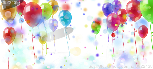 Image of confetti and colorful balloons on white background