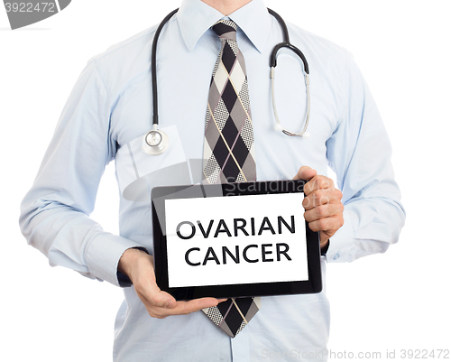 Image of Doctor holding tablet - Ovarian cancer