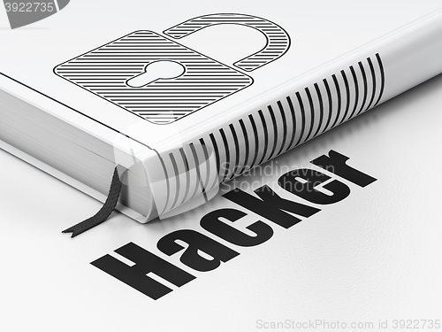 Image of Privacy concept: book Closed Padlock, Hacker on white background