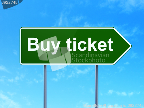Image of Travel concept: Buy Ticket on road sign background