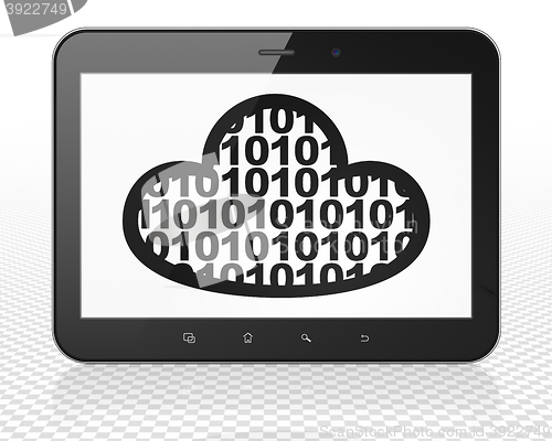 Image of Cloud technology concept: Tablet Pc Computer with Cloud With Code on display