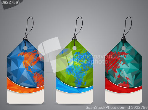 Image of Polygon design shopping labels with world map