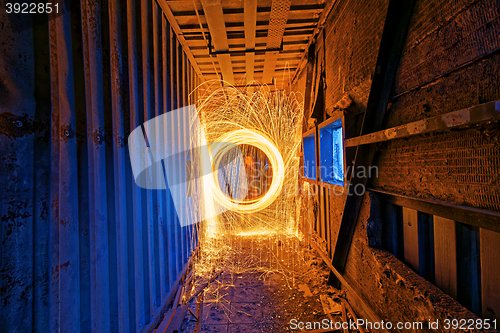 Image of Burning Steel Wool spinning. Showers of glowing sparks from spin