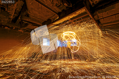 Image of Burning Steel Wool spinning. Showers of glowing sparks from spin