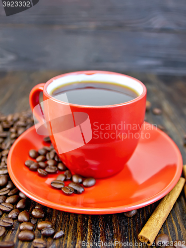 Image of Coffee in red cup with cinnamon on board