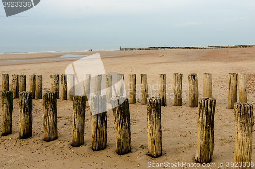 Image of Breakwaters on the beach at sunset