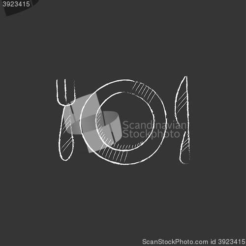 Image of Plate with cutlery. Drawn in chalk icon.