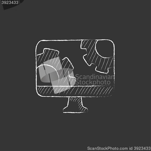 Image of Computer monitor with gears. Drawn in chalk icon.