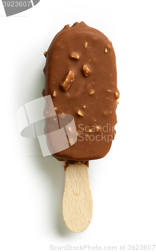 Image of ice cream covered with chocolate and nuts