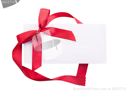 Image of Card note with red ribbon on white background