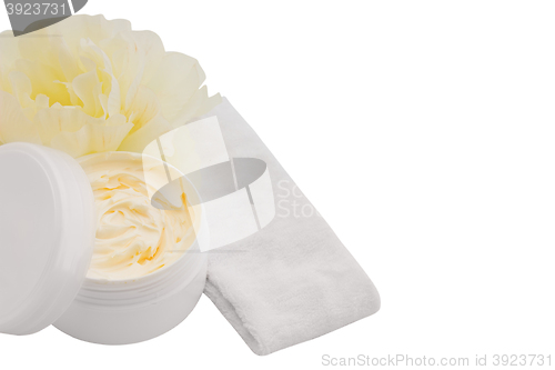 Image of Spa cosmetic cream, headband and flower, isolated on white