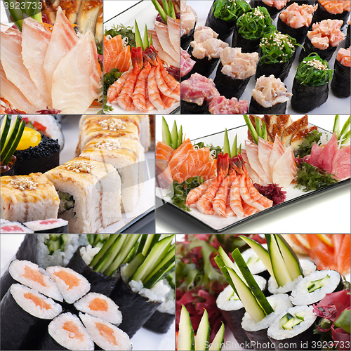 Image of Assorted delicious sushi rolls and fish collage 