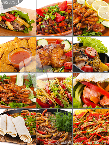 Image of Collage of assorted meat or fish dishes closeup 