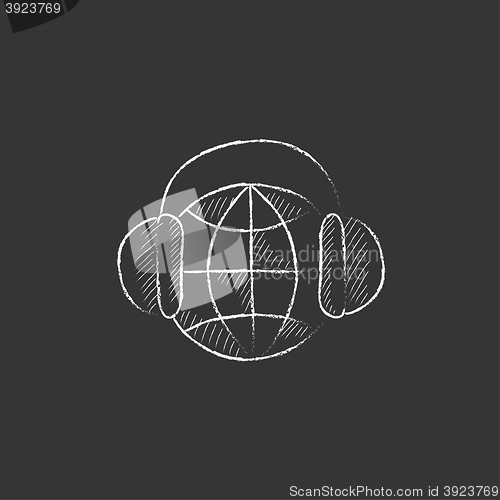 Image of Globe in headphones. Drawn in chalk icon.