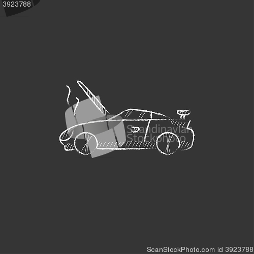 Image of Broken car with open hood. Drawn in chalk icon.