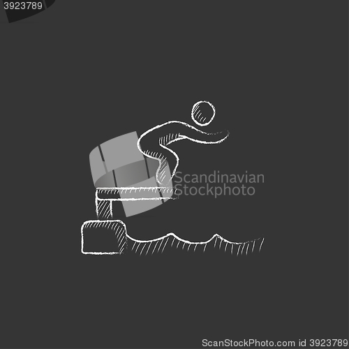 Image of Swimmer jumping from starting block in pool. Drawn in chalk icon.