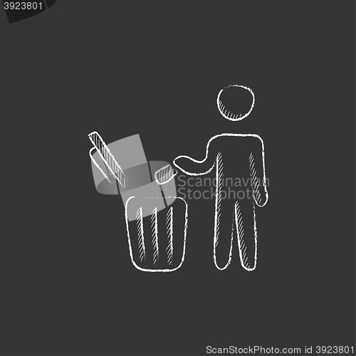 Image of Man throwing garbage in a bin. Drawn in chalk icon.