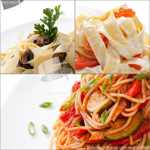 Image of Collage with assorted delicious italian pasta closeup isolated