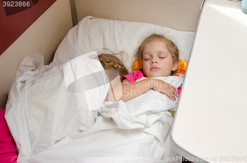 Image of Two children sleep on the train on the same ground location in the second-class compartment wagon